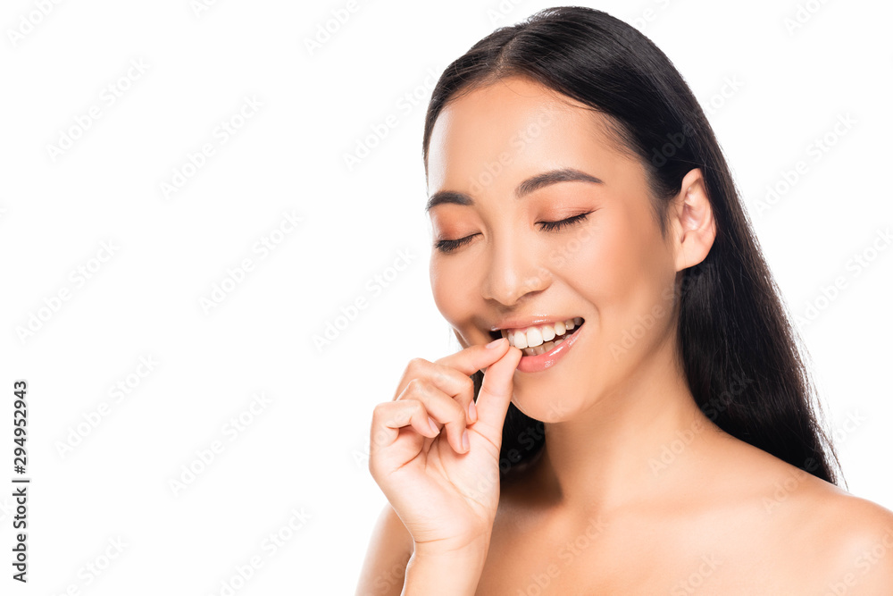 smiling beautiful asian woman showing white teeth with closed eyes isolated on white smiling beautiful asian woman showing white teeth with closed eyes isolated on white