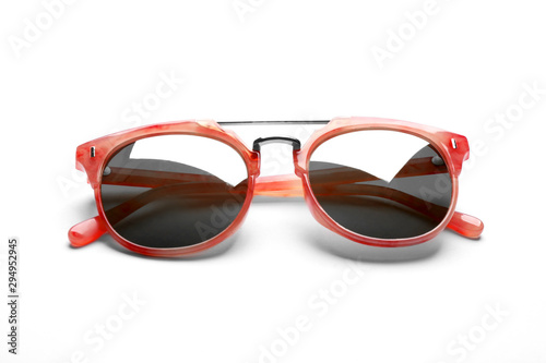Stylish sunglasses on white background. Fashionable accessory