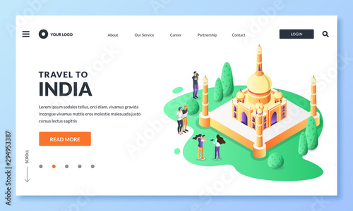 Travel to India vector 3d isometric illustration. Tourists takes pictures of Taj Mahal most famous indian landmark.