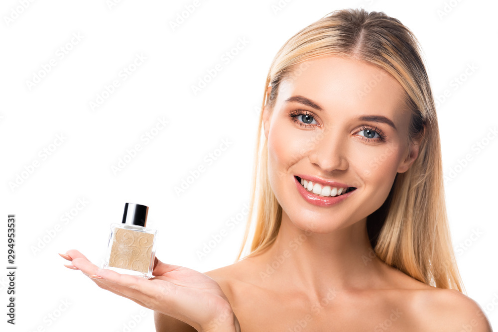 naked happy woman with perfume isolated on white naked happy woman with perfume isolated on white