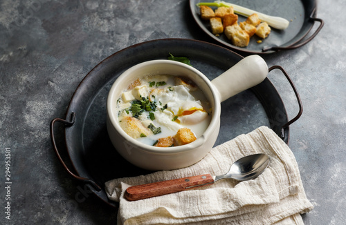 Changua - Colombian Egg and Milk Soup , tipical soup for breakfast in Bogota  photo