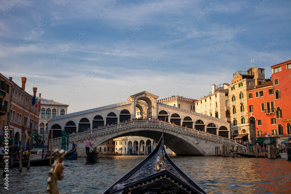 The Rialto Bridge from a gondola on the Grand Canal