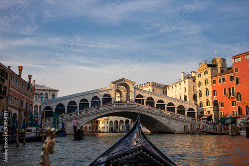 The Rialto Bridge from a gondola on the Grand Canal
