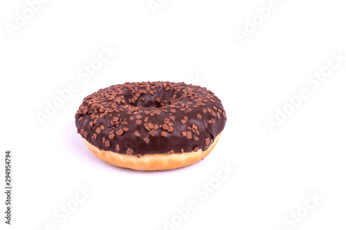 donut shaped donut shown on a white background. round, with a hole in the middle, chocolate coated and decorated