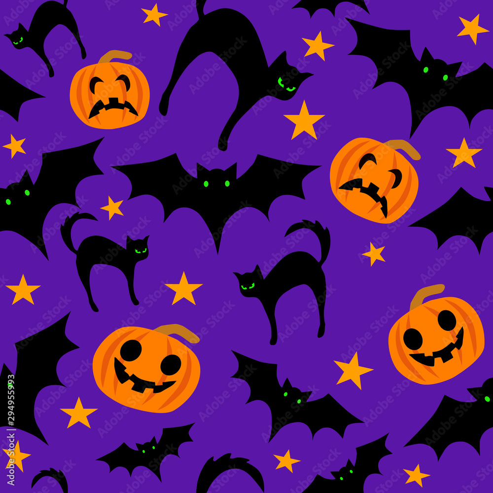 Halloween Seamless Pattern Halloween Bats, Cats and Pumpkins Vector Repeat Pattern for Textile Design, Fabric Printing, Stationary, Packaging, Wrapping Paper or Background