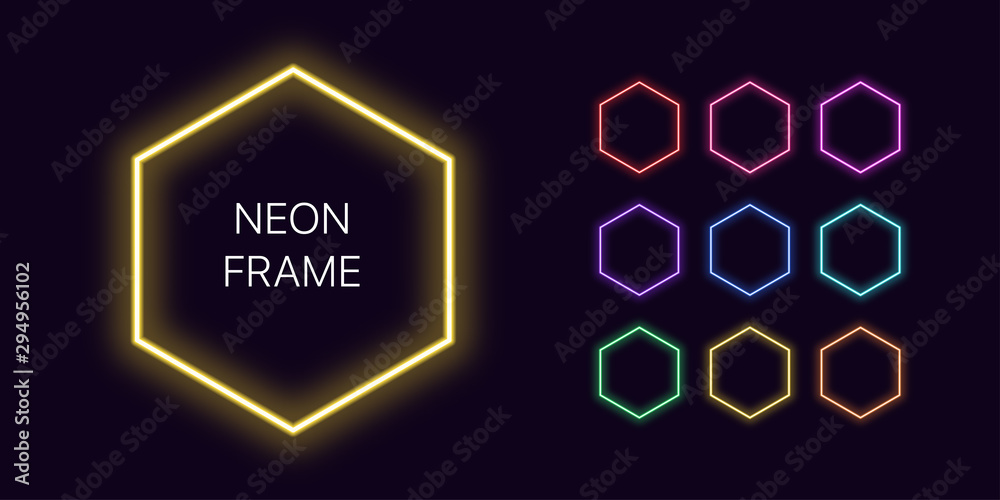 Neon monochrome hexagon Border with copy space. Templates set - obrazy, fototapety, plakaty 