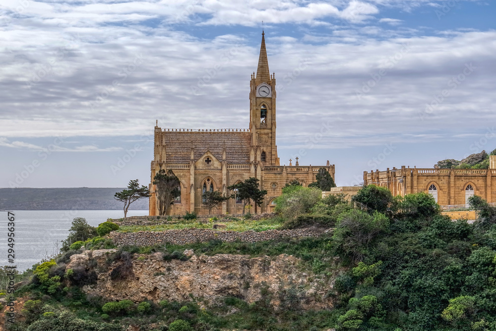 View of Our Lady of Lourdes church on hill, Mgarr, Goza island, Malta