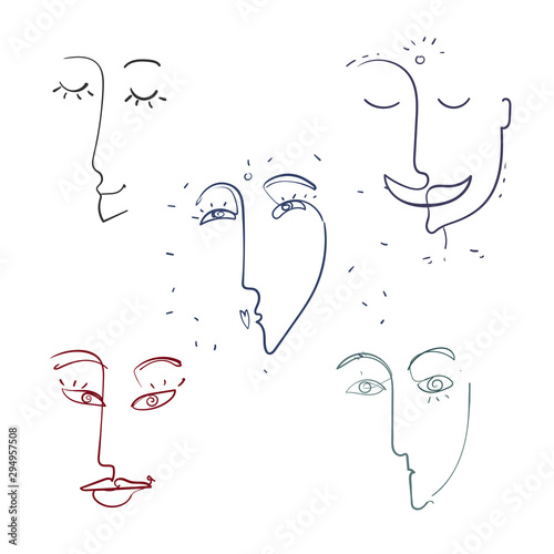 Continuous line, drawing of set faces , fashion concept, woman beauty minimalist, vector illustration for t-shirt, slogan design print graphics style