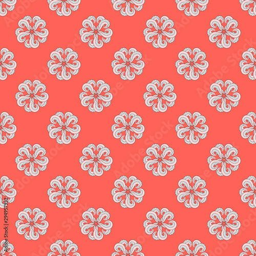 Seamless abstract flower pattern with dull pink petals and white stripes, bright orange dawn color background.