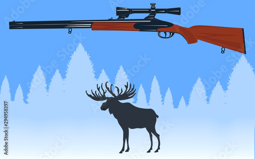 Deer in a snowy forest. Shotgun - illustration, vector. Winter photo shoot. Rest at nature.