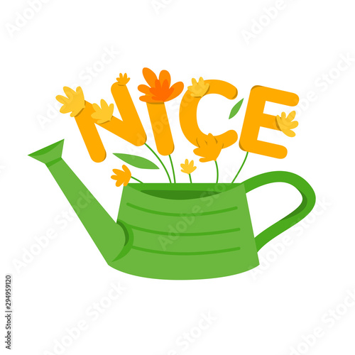 watering can garden with flowers and the word NICE in bright colors. Use as a modern print, sticker, childish illustration. vector illustration