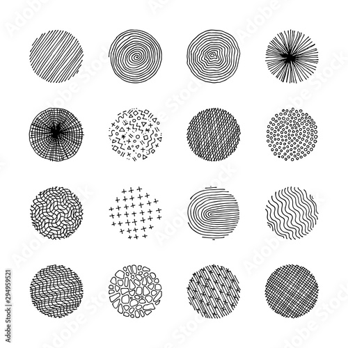 Artistic set of handcrafted design circle elements. Wavy line textures, paint dabs