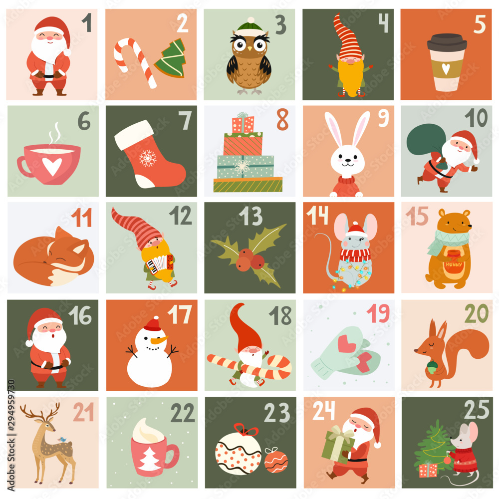 Fototapeta premium Christmas calendar with cute cartoon characters and decorative elements. Xmas Poster. Vector illustrations.