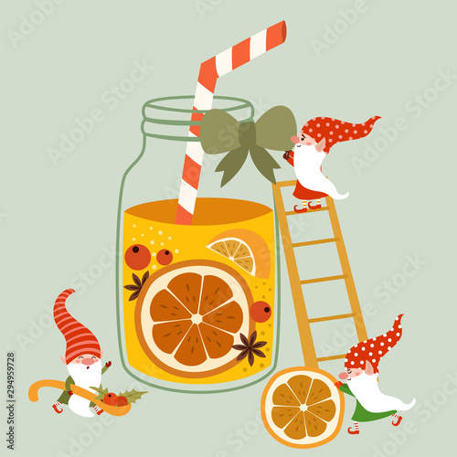 Christmas and Happy New Year illustration. Fun holiday card of cute gnomes making the cocktail. Vector template. Can be used for banner, poster, greeting card, postcard and print.