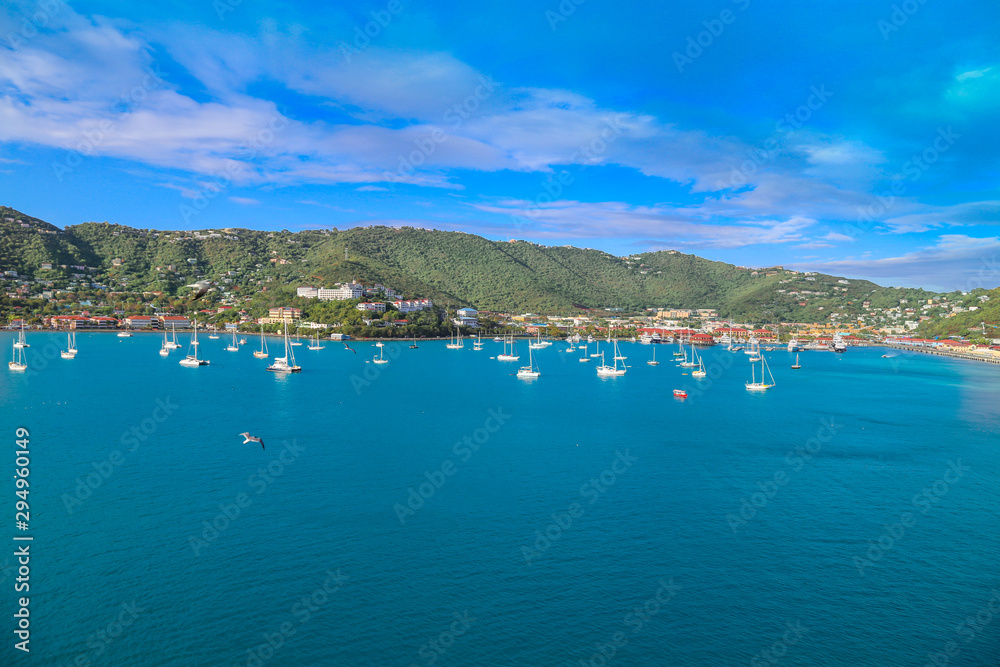 Saint Thomas Island resort, Scenic Charlotte Amalie Bay with docked cruise ships and yachts