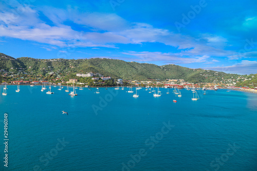 Fototapeta Naklejka Na Ścianę i Meble -  Saint Thomas Island resort, Scenic Charlotte Amalie Bay with docked cruise ships and yachts