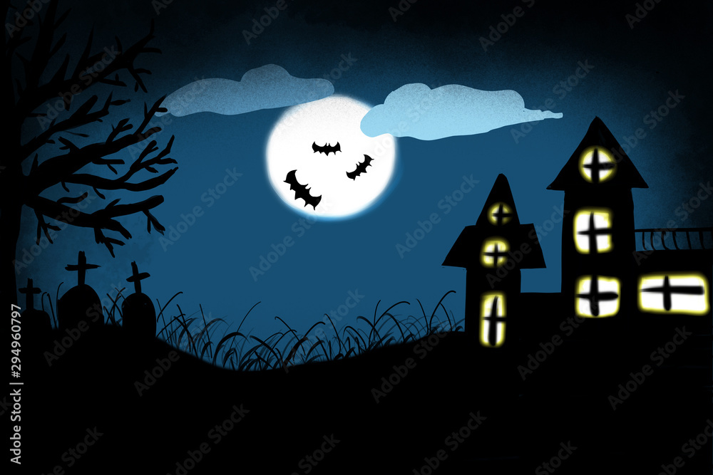 Spooky pumpkin lantern in the scary graveyard for Halloween