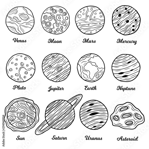 Set with the planets of the solar system isolated on white background. Hand drawn sketch. Vector illustration.