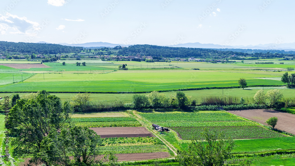 rural landscape with green fields and hills