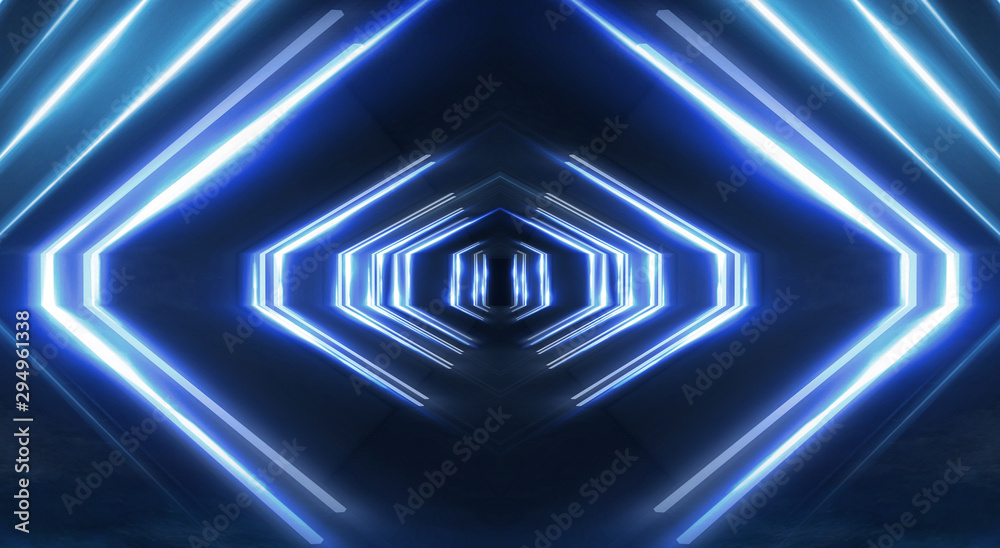Fototapeta premium Abstract light tunnel, stage, portal with rays, neon lights and spotlights. Dark empty scene with neon. Abstract blue background, light, smoke. Symmetric reflection, perspective. 3D rendering.
