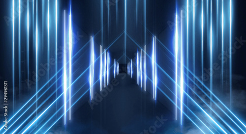 Abstract light tunnel, stage, portal with rays, neon lights and spotlights. Dark empty scene with neon. Abstract blue background, light, smoke. Symmetric reflection, perspective. 3D rendering. © MiaStendal
