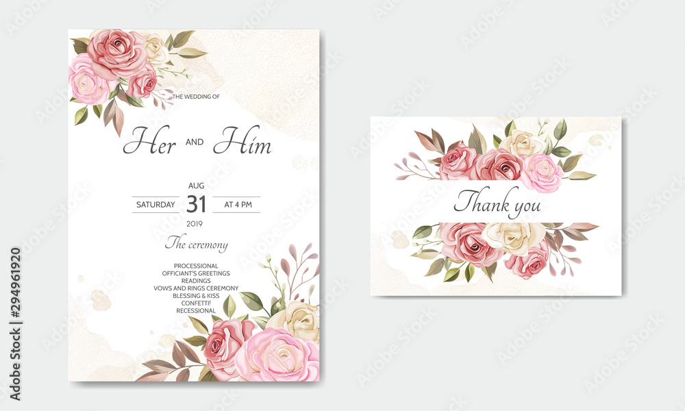 wedding invitation card template set with beautiful floral leaves