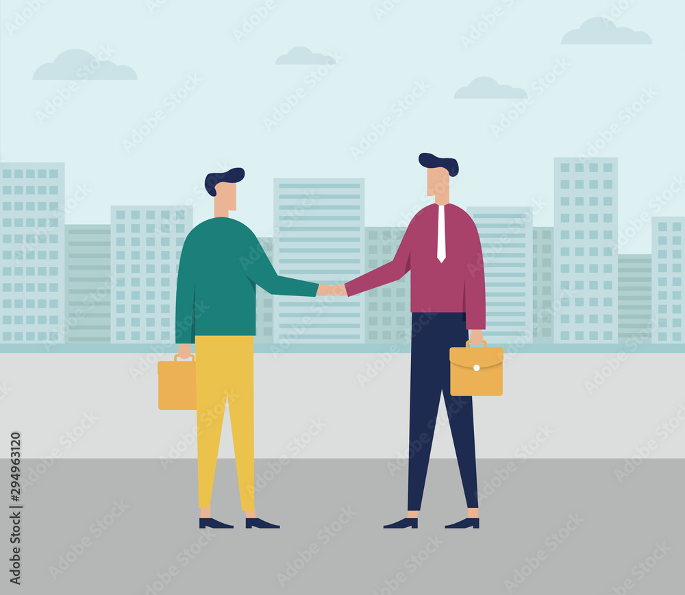 Obraz premium The concept of businessman or office workers - Businessman holding briefcase - skyline city office buildings - Business people shaking hands - Vector illustration in flat style 