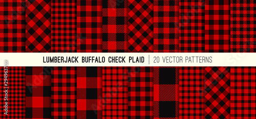 Lumberjack Red and Black Buffalo Check Plaid Vector Patterns. Rustic Christmas Backgrounds. Pack of 20 Hipster Flannel Shirt Fabric Textures of Different Styles. Repeating Pattern Tile Swatches Incl