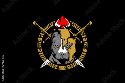 pitbull head with broken spartan helmet and sword vector template