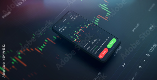 Futuristic stock exchange scene with mobile phone, chart, numbers and SELL and BUY options (3D illustration)