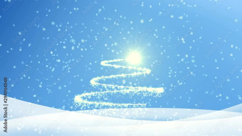 Shining Christmas tree rotating in the right on a blue background. Snowflakes on a blue snowdrift background.