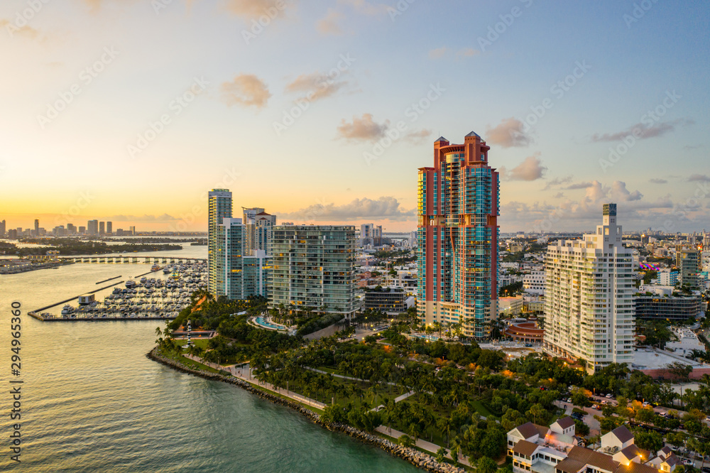 Aerial photo of the Southernmost point of Miami Beach Florida park scene and highrise condominiums
