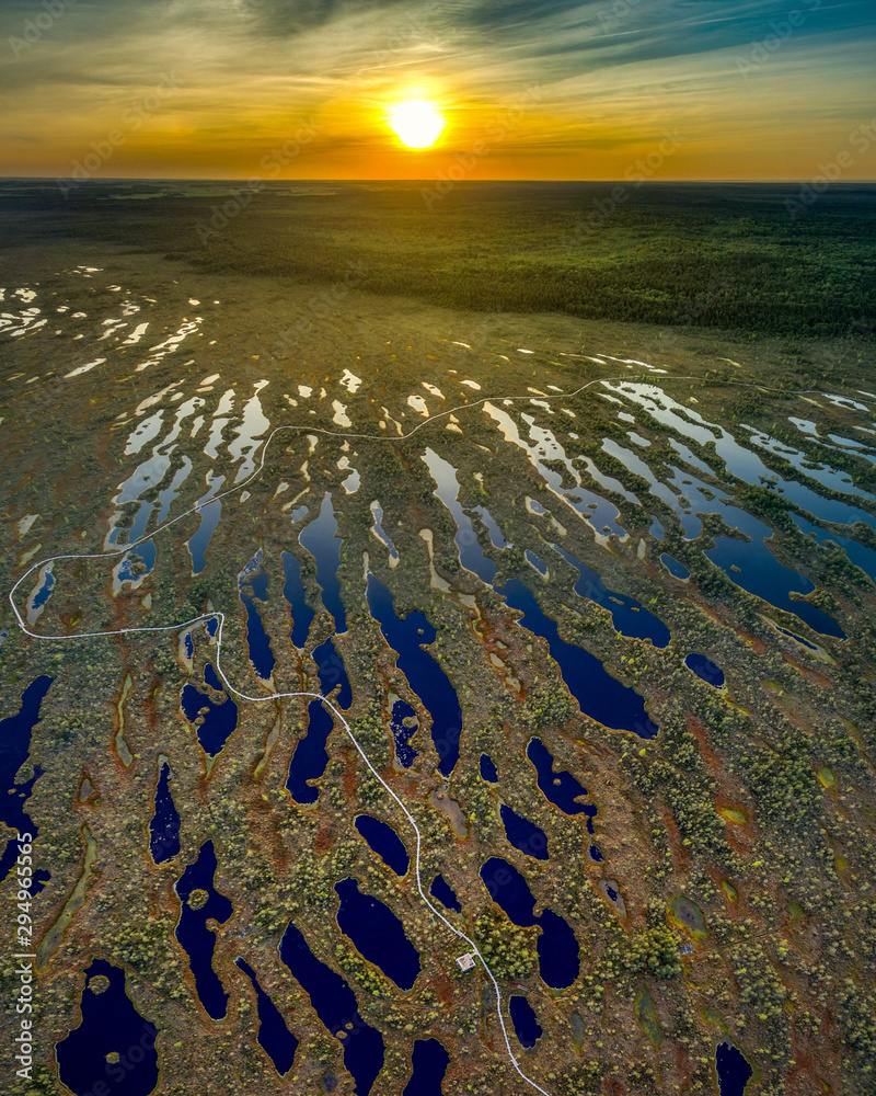 Aerial view of water ponds in the swamp during sunset in  Kemeri, Latvia.