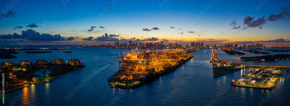 Beautiful colorful sunset over Port of Miami shot with aerial drone