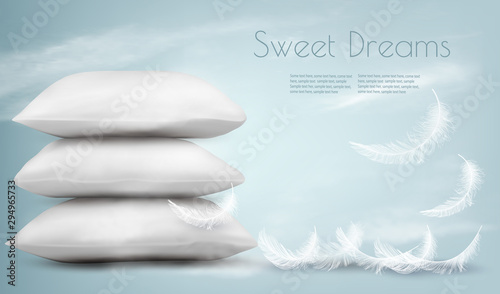 Background with pillows and white feathers. Sleeping concept. Vector illustration