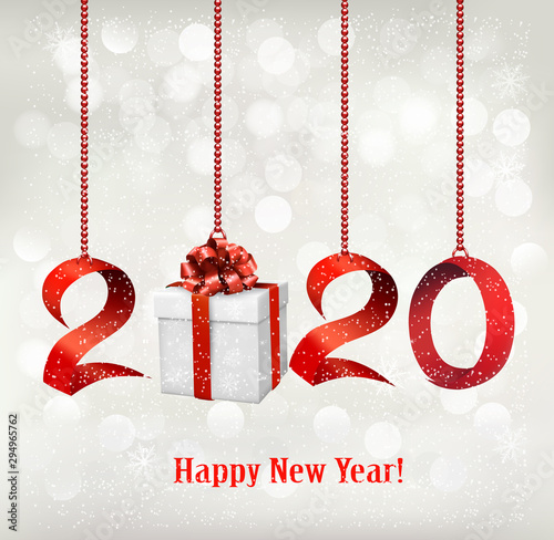 2020 New Years background with gift box and red ribbons. Vector.