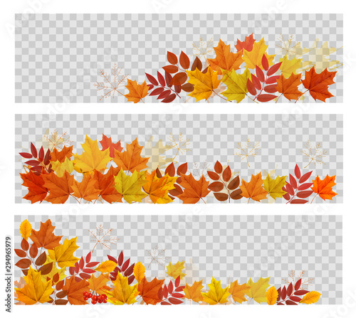 Three abstract autumn banners with colorful leaves. Vector