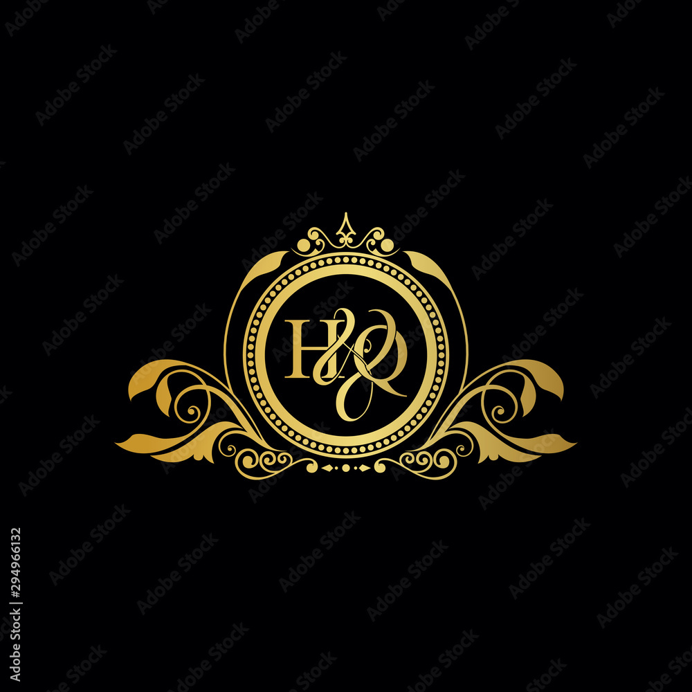 Initial letter HQ logo luxury vector mark, gold color elegant classical symmetric curves decor. Initial letter HQ logo luxury vector mark, gold color elegant classical symmetric curves decor.