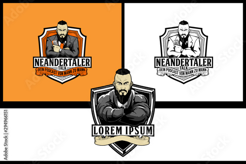 Amazing bearded man with mohawk hair style character holding a microphone vector badge logo template