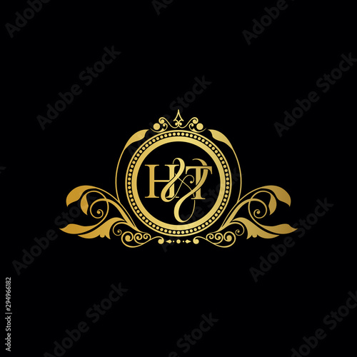 Initial letter HT logo luxury vector mark, gold color elegant classical symmetric curves decor.