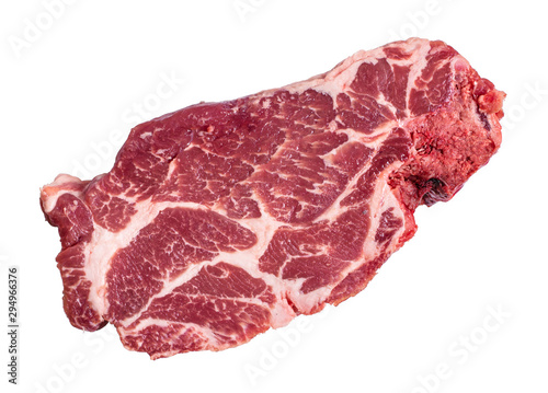 Raw chuck steak marbled beef isolated on white, top view