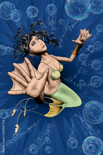 Mermaid Swimming in Sea of Bubbles