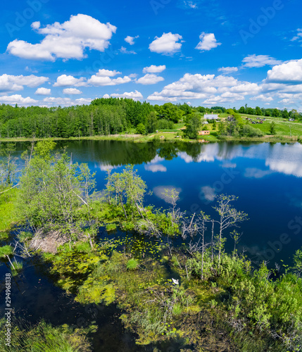 Summer landscape  green forest  and blue lake from above..