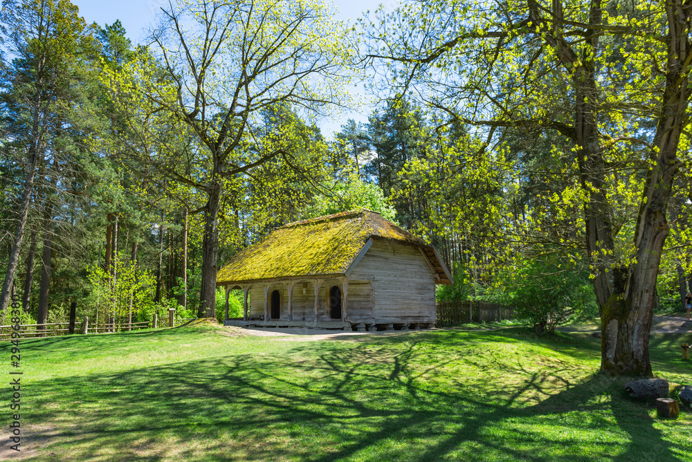 Fototapeta premium Vintage countryside log house with the yard on a sunny summer day.