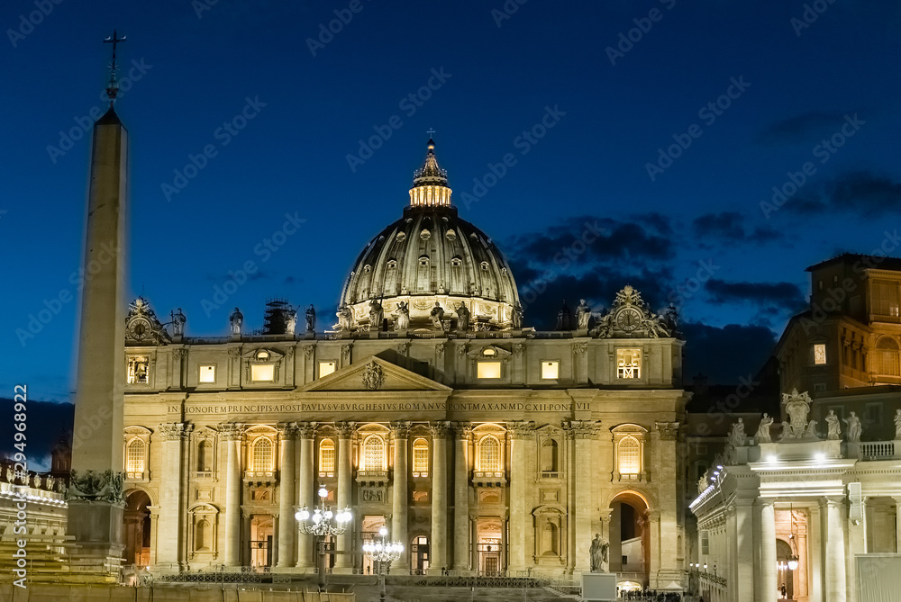 Scenic night view of St. Peter's Cathedral in Rome, Italy