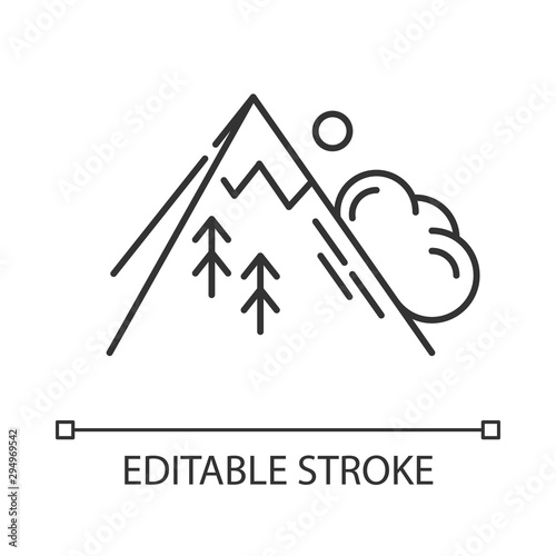 Avalanche linear icon. Sudden landslip. Unexpected landslide. Mass of snow falling down mountain side. Thin line illustration. Contour symbol. Vector isolated outline drawing. Editable stroke