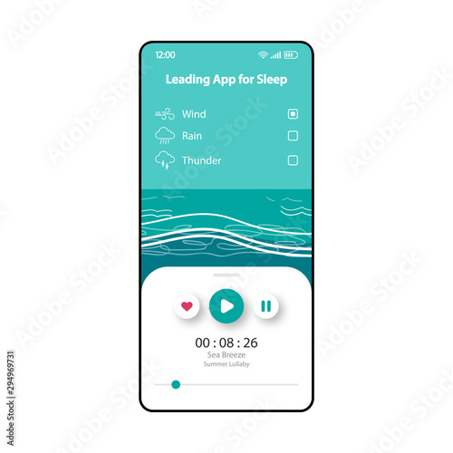 Leading app for sleep smartphone interface vector template. Mobile app page turquoise, white design layout. Soothing sounds of nature screen. Flat UI for application. Wind and thunder. Phone display