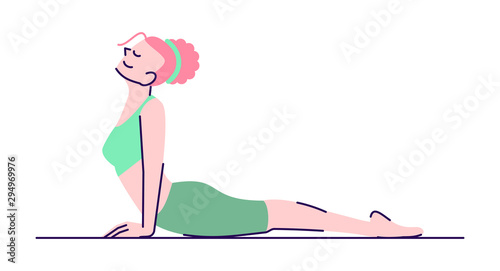 Woman practicing urdhva mukha svanasana exercise flat vector illustration. Yoga practice. Girl doing upward facing dog pose isolated cartoon character with outline elements on white background