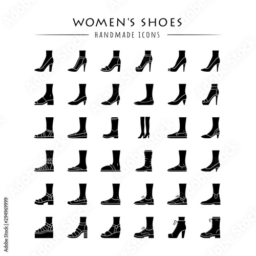 Women shoes glyph icons set. Female fashion, summer and autumn trendy footwear. Stiletto high heels, sandals, pumps. Winter and fall boots. Silhouette symbols. Vector isolated illustration