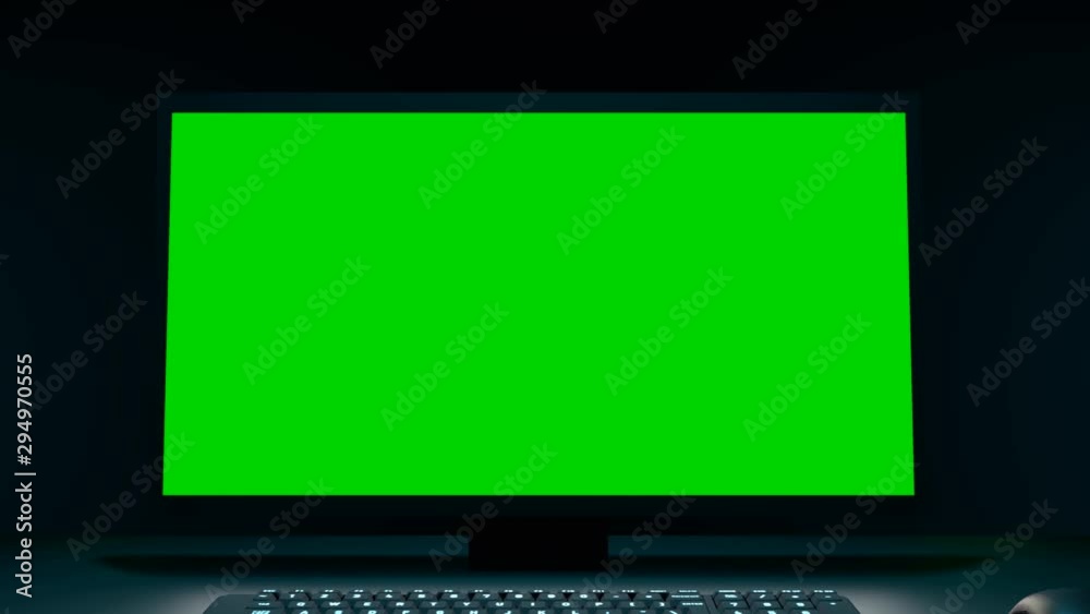 Zoom in on a pc with green screen. 3d animation